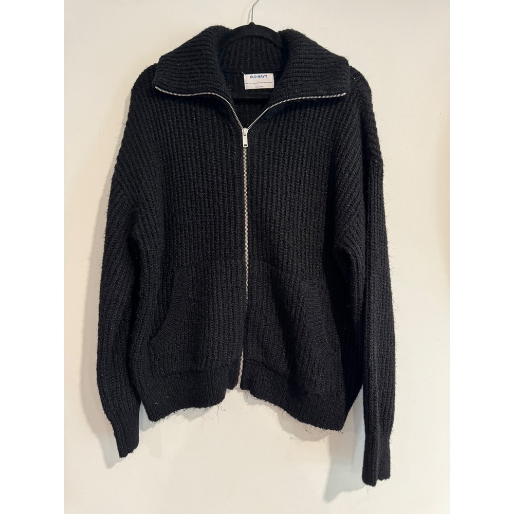 Old Navy Shaker-Stitch Full-Zip Cardigan Womens Large Black Chunky Knit Pocket